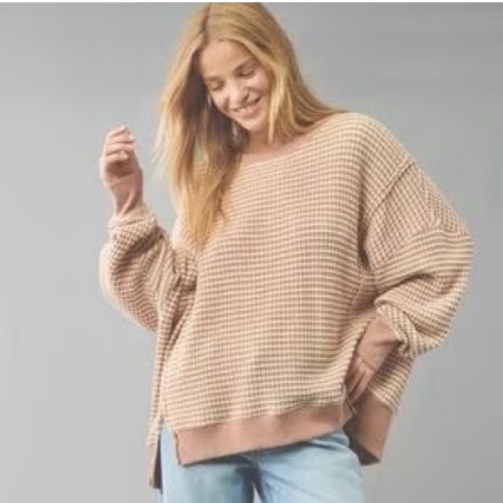 AE This Feels Big Hug Striped Cream/Tan Textured Oversized Sweatshirt XL
